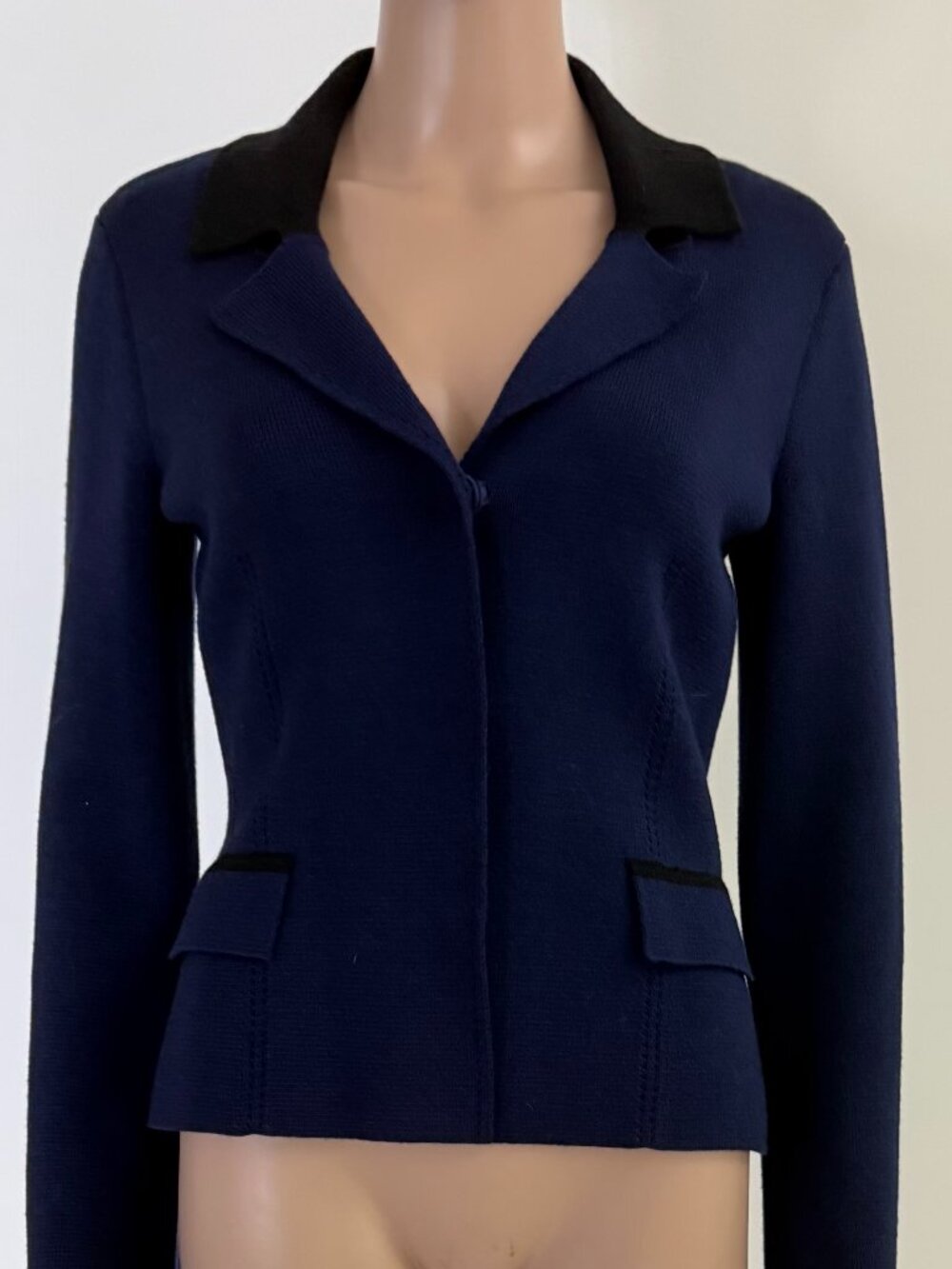 Elie Tahari Chariot Blue/Black Merino Wool Button Blazer Pockets No Size Tag?